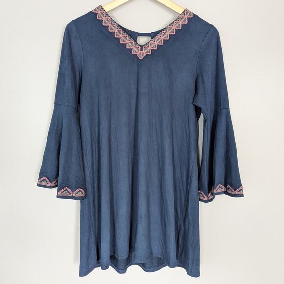 THML Women's Pink Embroidered Navy Tunic Mini Dress Bell Sleeve size MP - Picture 1 of 6